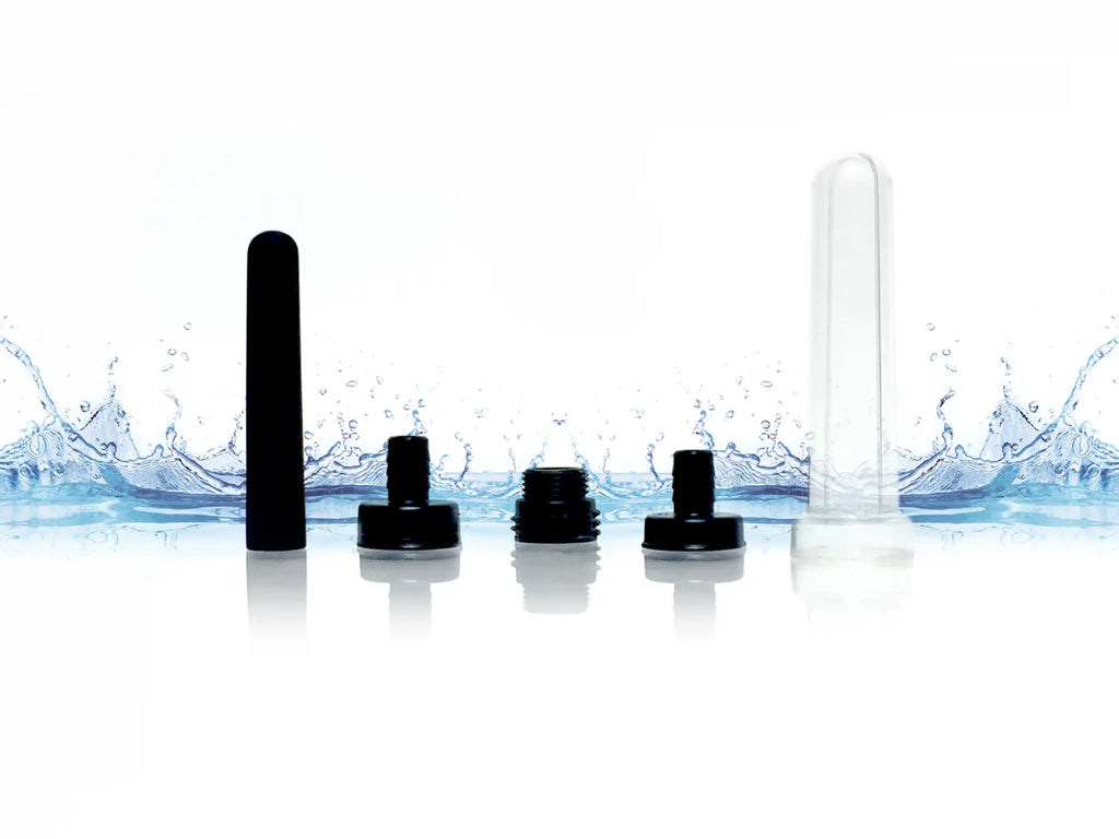 Black and clear plastic threaded bottle caps from boneyard the skwert 5 pc douche kit clamshell packaging