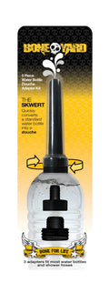 Black plastic water bottle douche adapter kit with clear body and black fittings branded boneyard by skwert