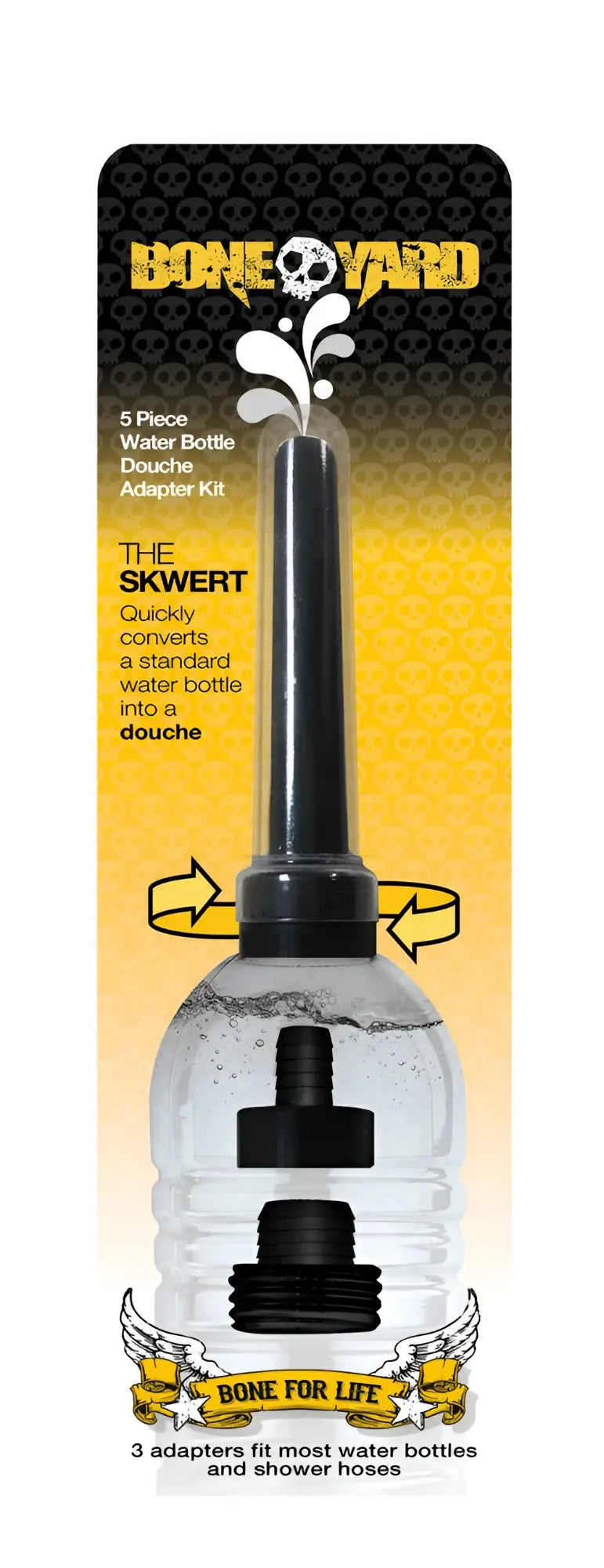 Black plastic water bottle douche adapter kit with clear body and black fittings branded boneyard by skwert