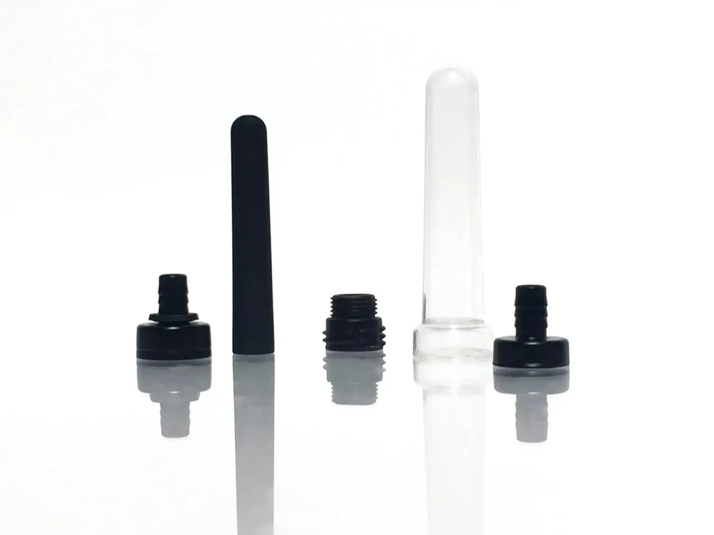 Clear plastic test tube with black screw-on caps and handle from boneyard the skwert 5 pc douche kit clamshell
