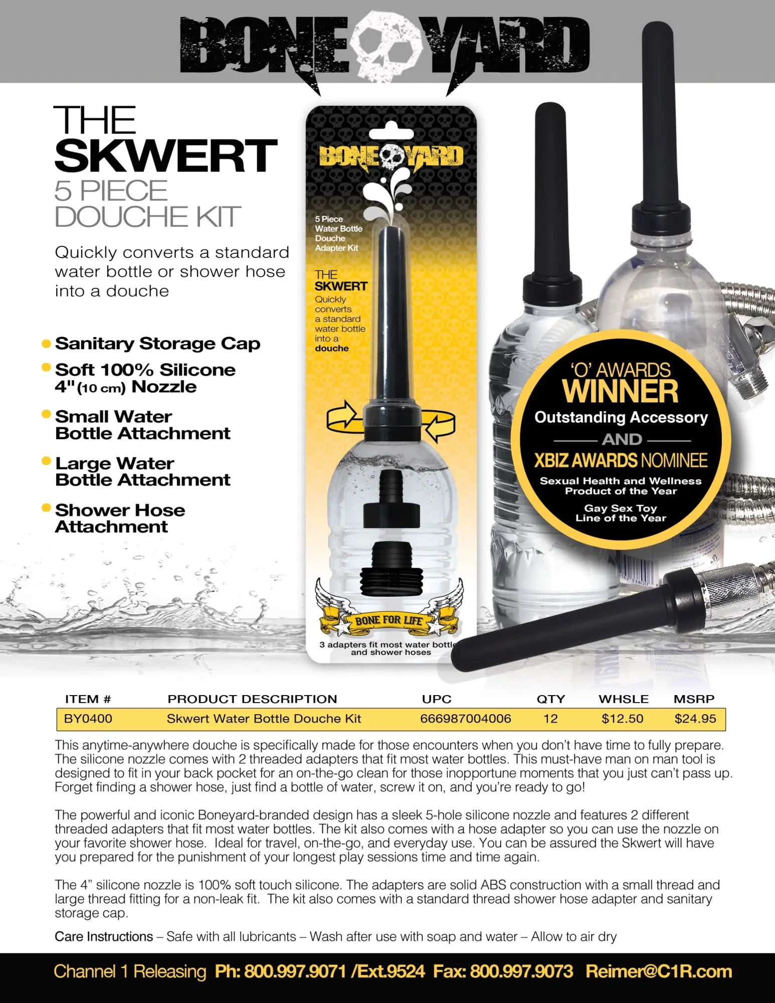 Boneyard the skwert 5 pc douche kit clamshell featuring black and transparent silicone water bottle adapter with soft nozzle
