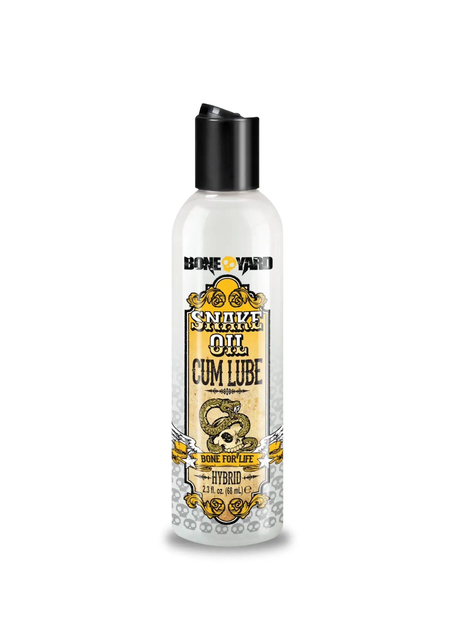 Boneyard snake oil cum lube 2oz clear bottle with black cap and ornate yellow snake design label