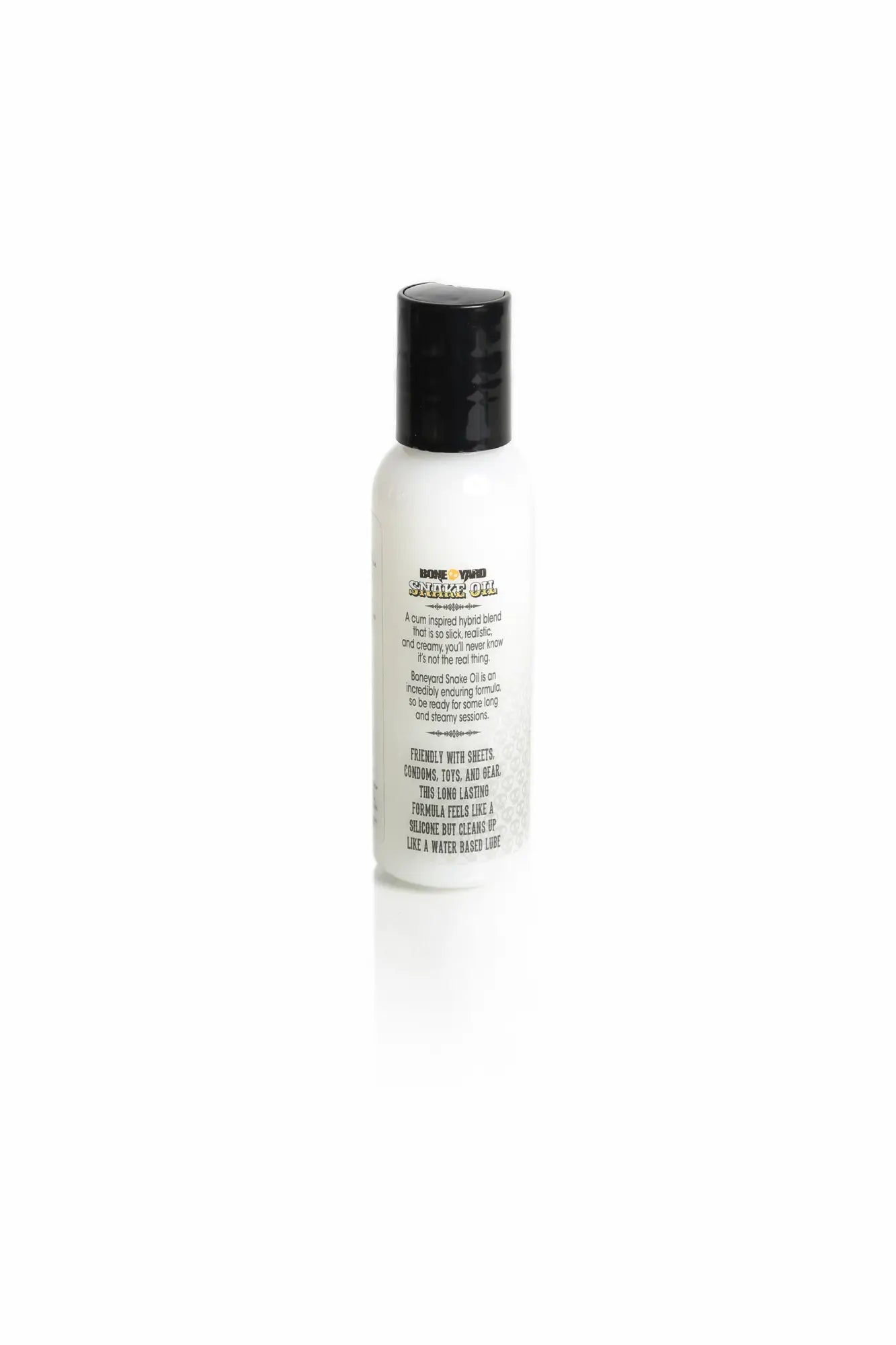 White bottle with black cap bionike cleansing gel labeled boneyard snake oil cum lube 2oz 59ml in minimalist typography