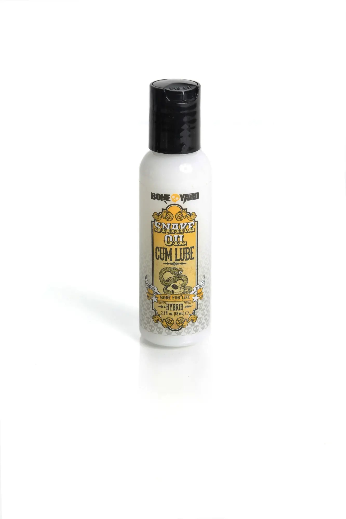 White plastic bottle with black cap and ornate gold label featuring boneyard branding sweet oil cum lube 2oz 59ml