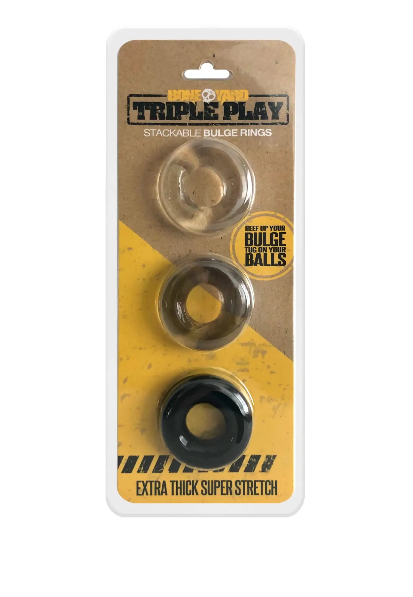 Clear and black silicone triple play stackable bulge cock rings in a cardboard package for boneyard triple play
