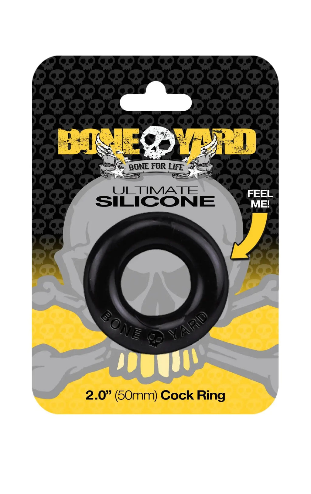 Black silicone cock ring from bone yard with smooth circular design and brand name engraved around the edge