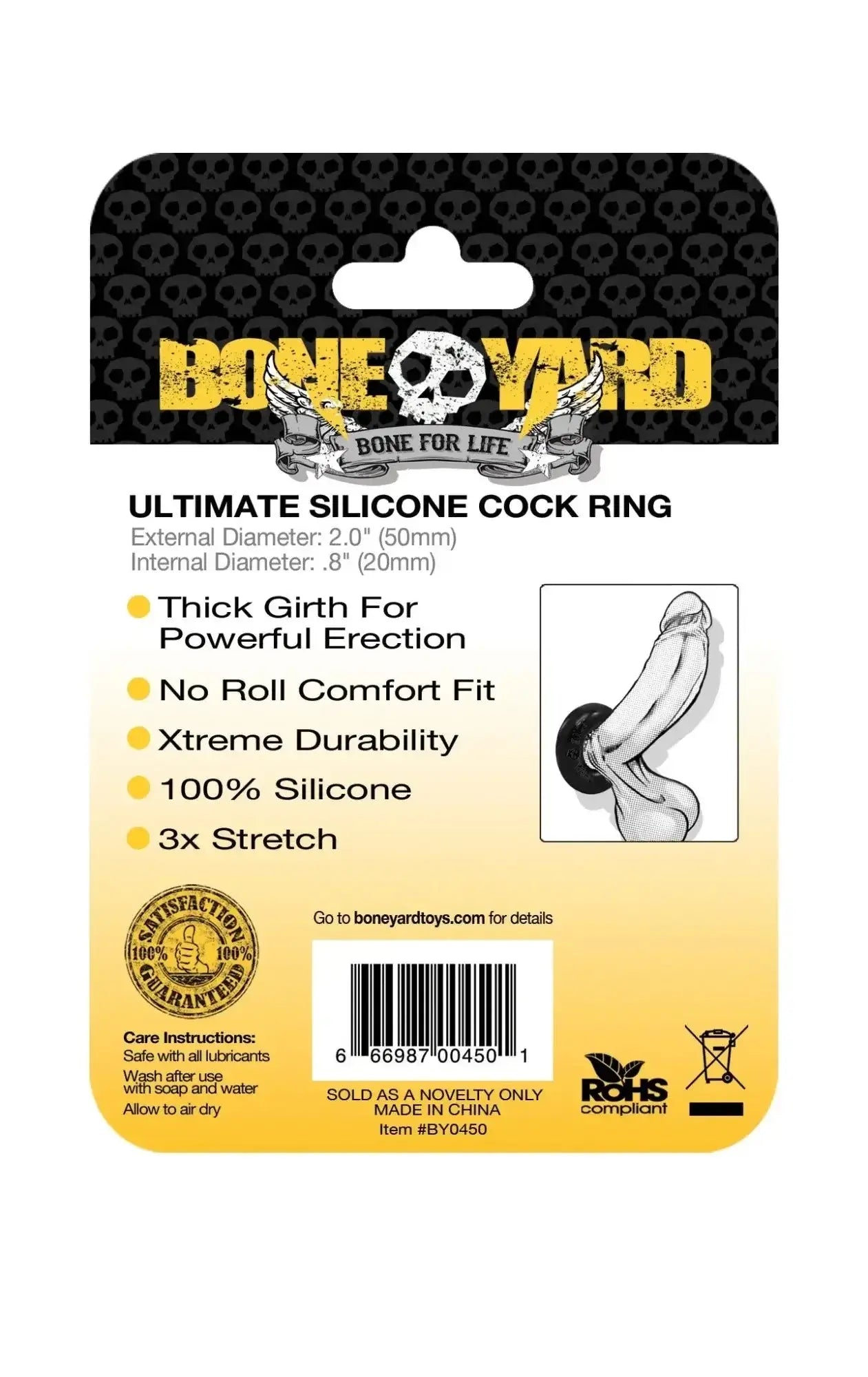 Boneyard ultimate silicone cock ring in black with black and yellow packaging featuring skull logo