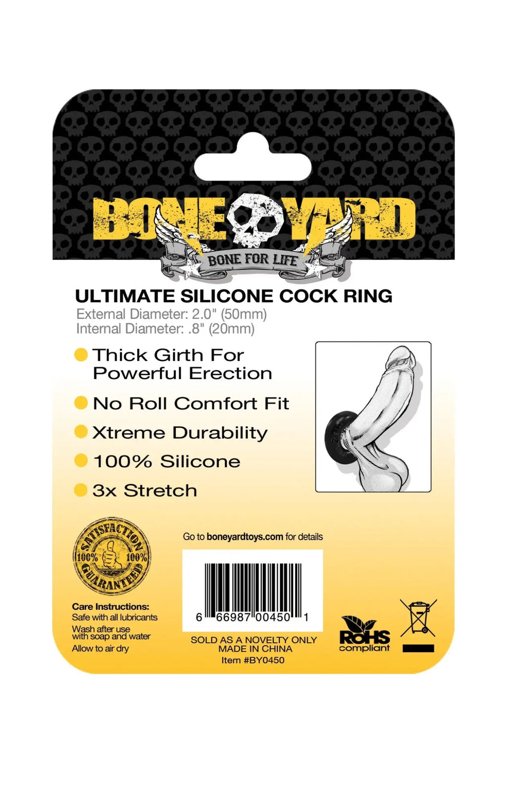 Boneyard ultimate silicone cock ring in black with black and yellow packaging featuring skull logo