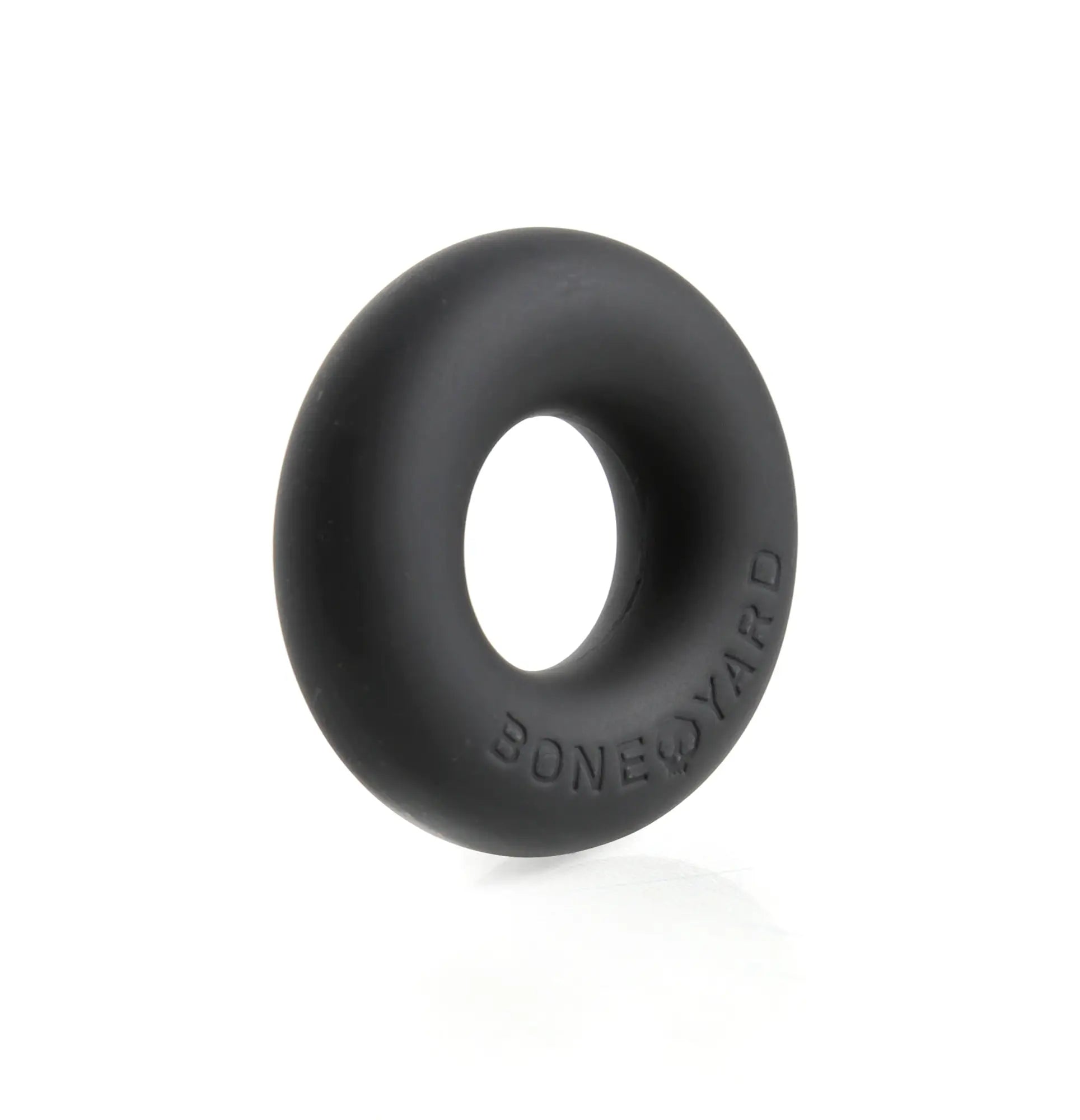 Black silicone cock ring with boneyard embossed on its side designed for ultimate comfort and durability