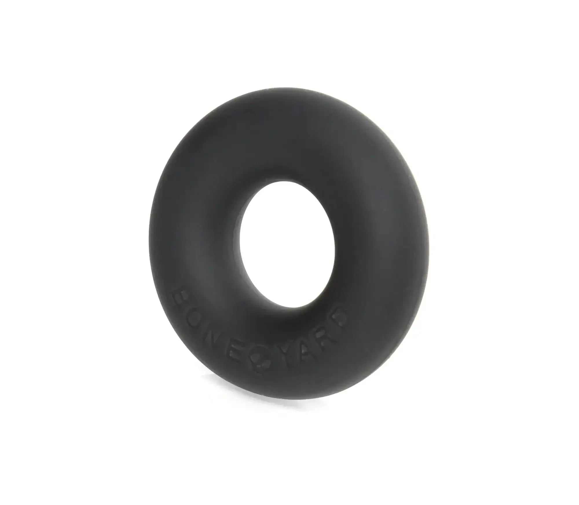 Black silicone cock ring with boneyard embossed on the side for ultimate comfort and durability