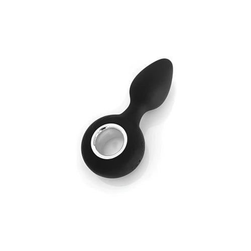 Black silicone anal plug with silver metallic ring base from Boneyard Vers 12 mode USB anal vibrator product