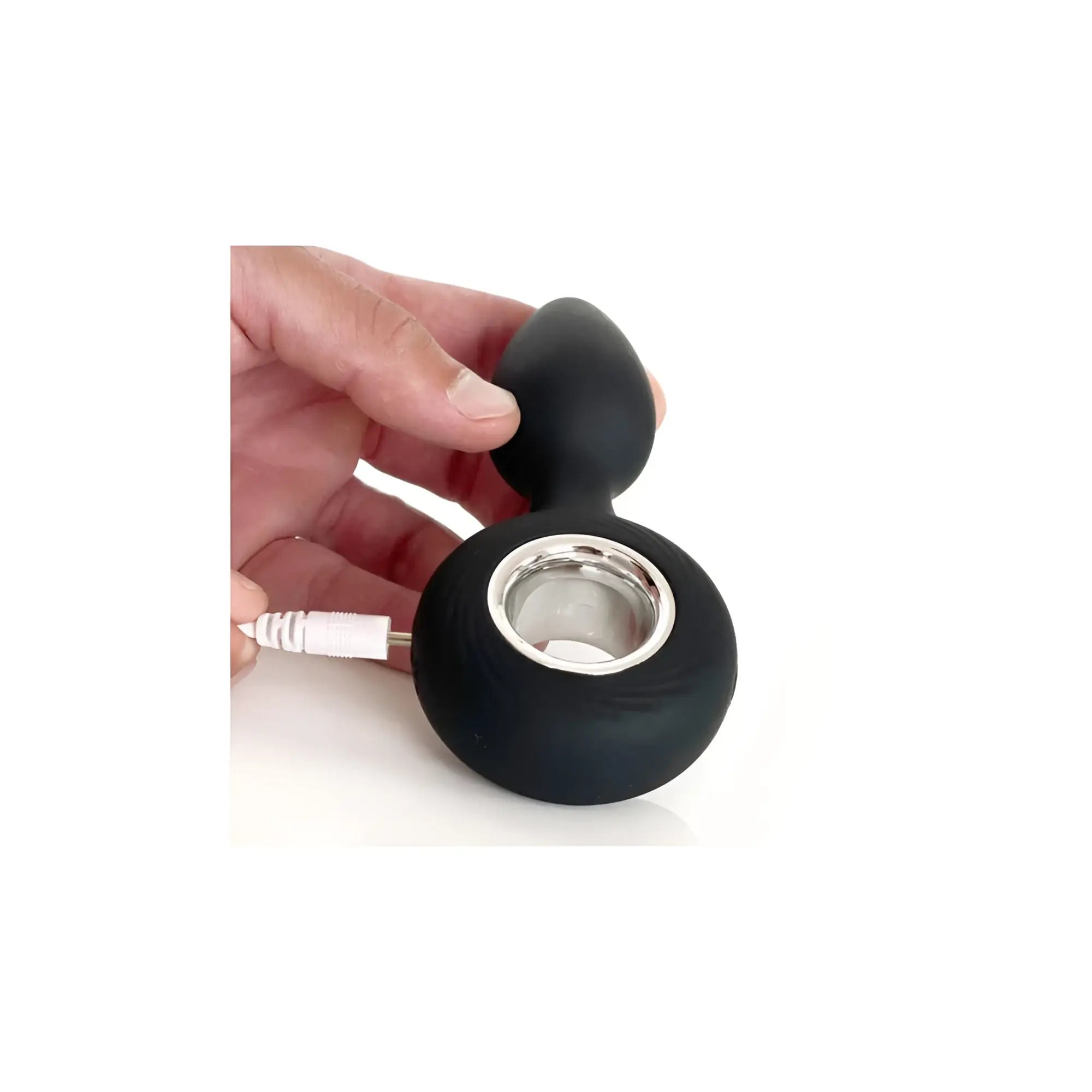Black silicone anal stimulator with silver metallic ring and white USB charging cable from boneyard vers 12 mode vibrator