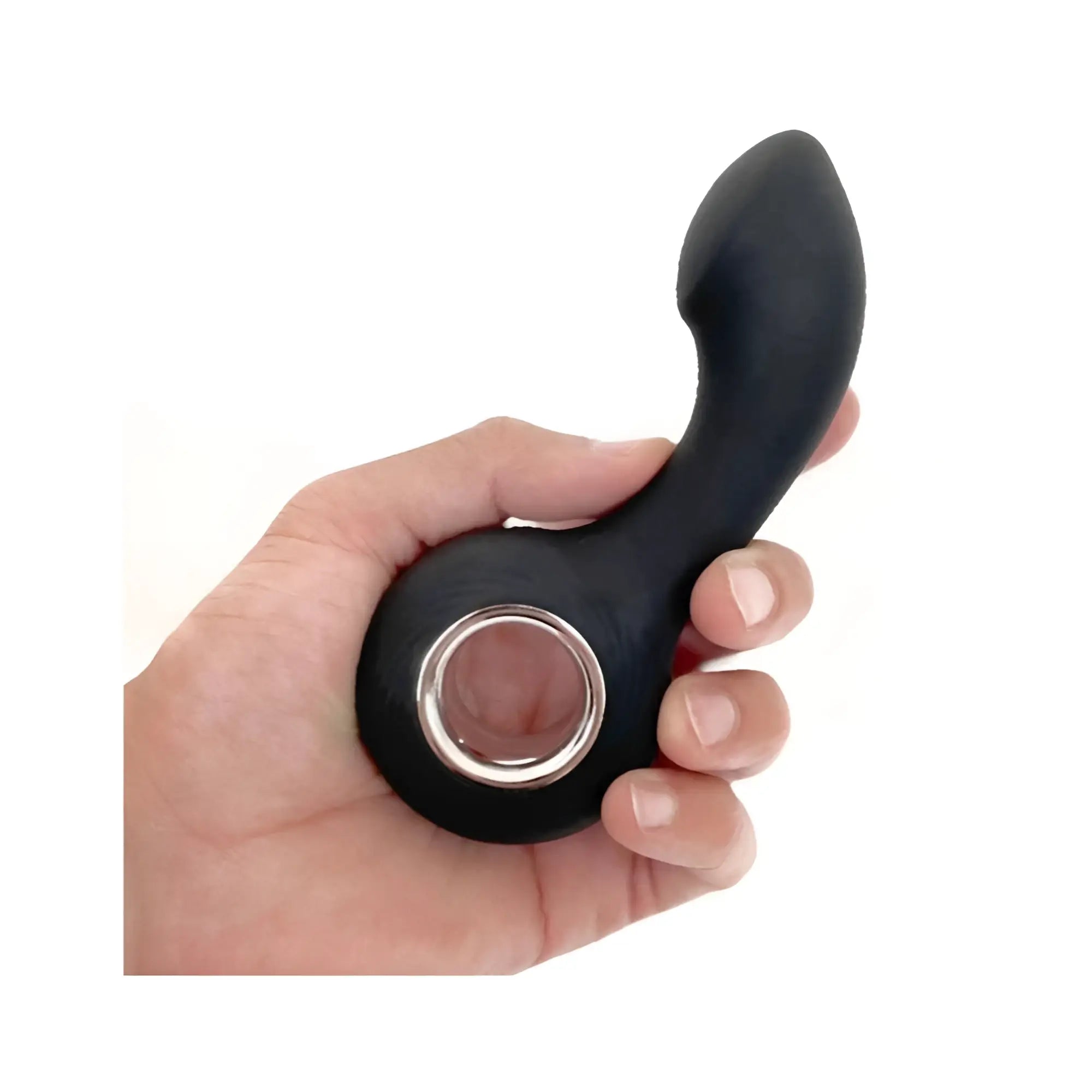 Black silicone g-spot vibe with silver metallic ring base shown from the back in the boneyard vers12 mode usb model
