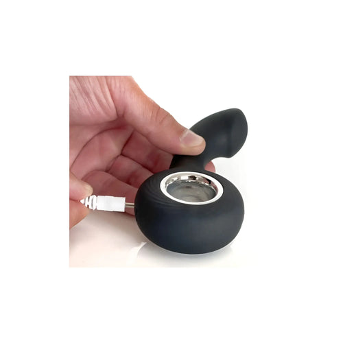 Black silicone vibrating g-spot vibe with silver metallic ring and white usb charging cable boneyard vers12 mode