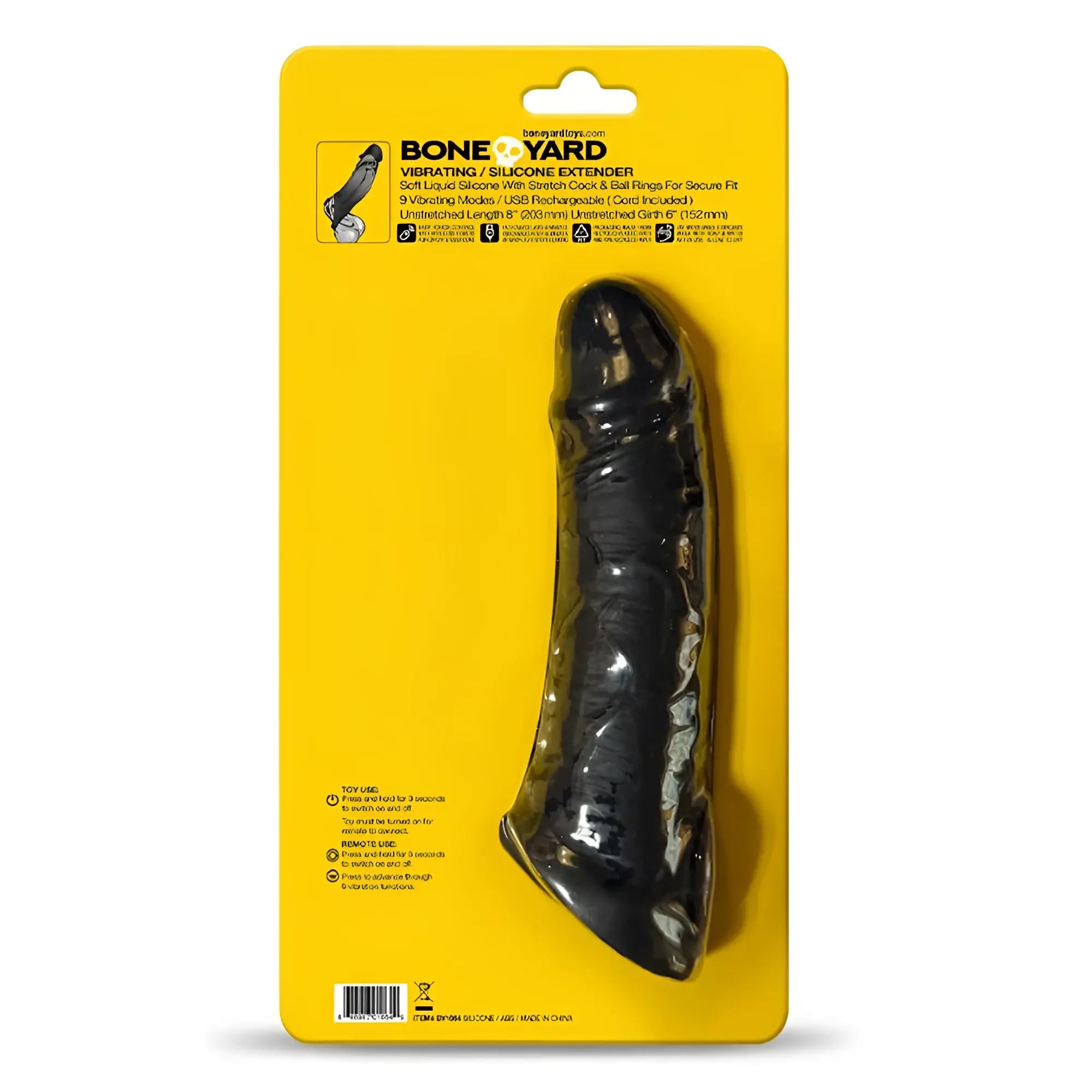 Black boneyard vibrating silicone remote control 9 mode cock extender with stretchable textured design in yellow sleeve