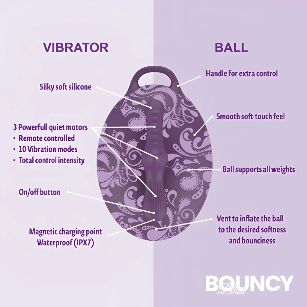 Purple paisley-patterned bouncy bliss classic inflatable sit-on vibrator with soft silicone body and inflatable ball base