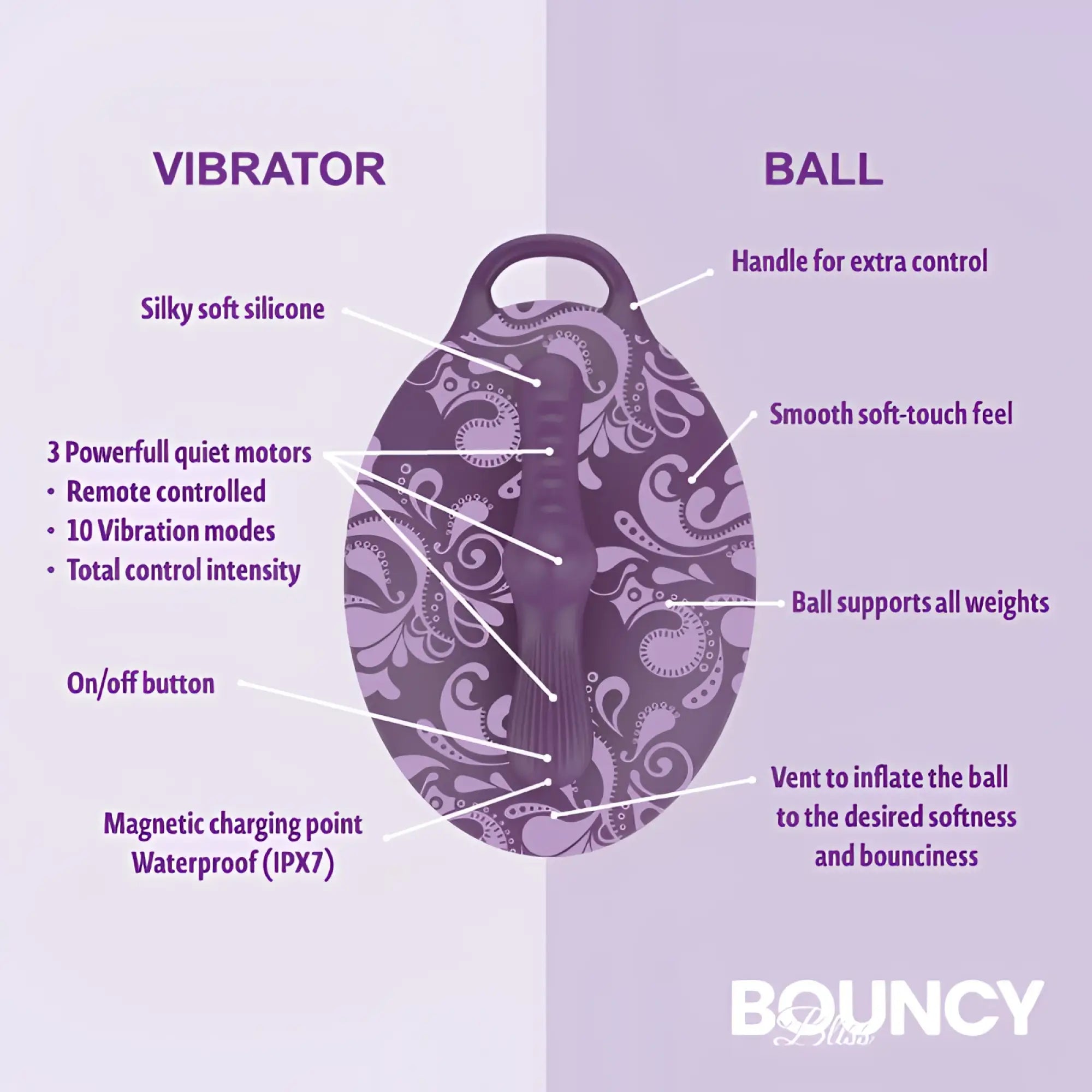 Purple paisley-patterned bouncy bliss classic inflatable sit-on vibrator with soft silicone body and inflatable ball base