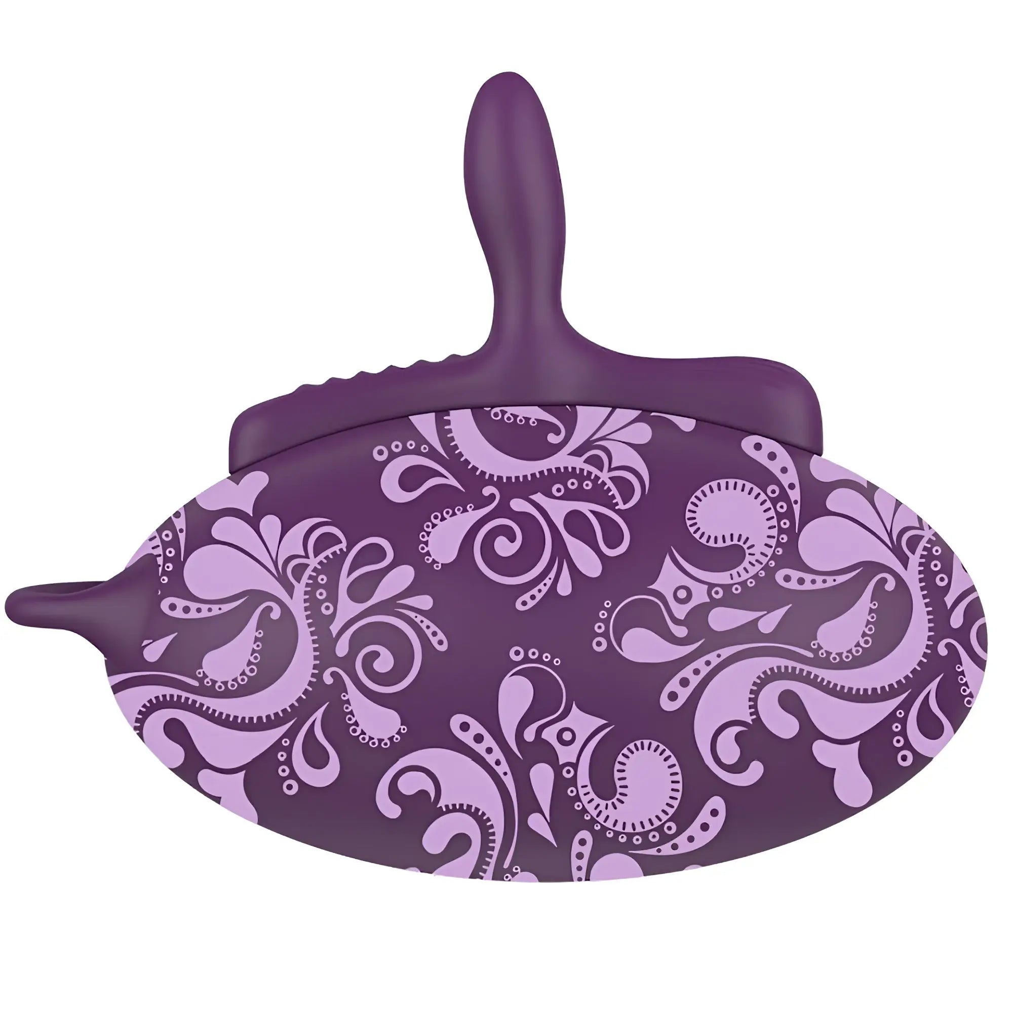 Purple silicone dustpan with decorative paisley pattern in lighter purple and white for bouncy bliss inflatable vibrator