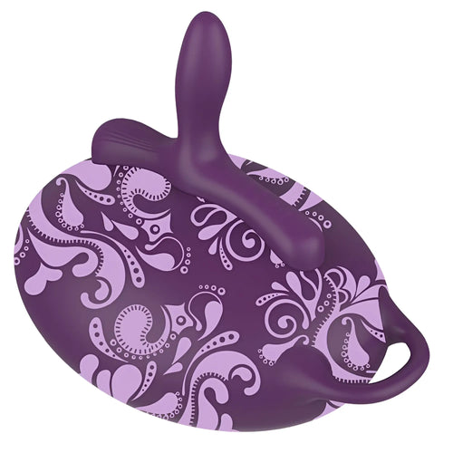 Purple silicone bouncy bliss classic inflatable sit-on vibrator with paisley pattern and ergonomic handle design