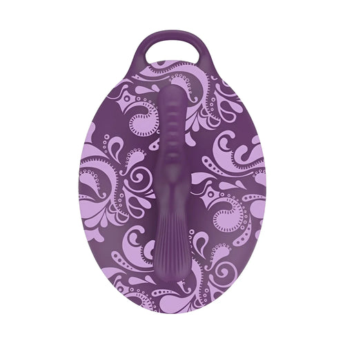 Purple oval-shaped silicone bath toy with paisley pattern and handle from bouncy bliss flow inflatable sit-on massager