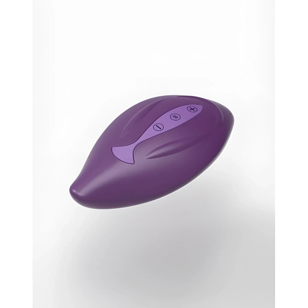 Purple silicone remote control with three buttons and fish-shaped design for bouncy bliss flow inflatable massager
