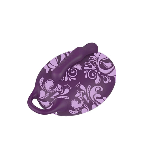 Purple silicone vibratory massager with paisley pattern and ergonomic handle for bouncy bliss flow inflatable sit-on use