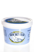 Light blue cylindrical tub of boy butter h2o 16oz personal lubricant with white lid and cartoon mop logo label