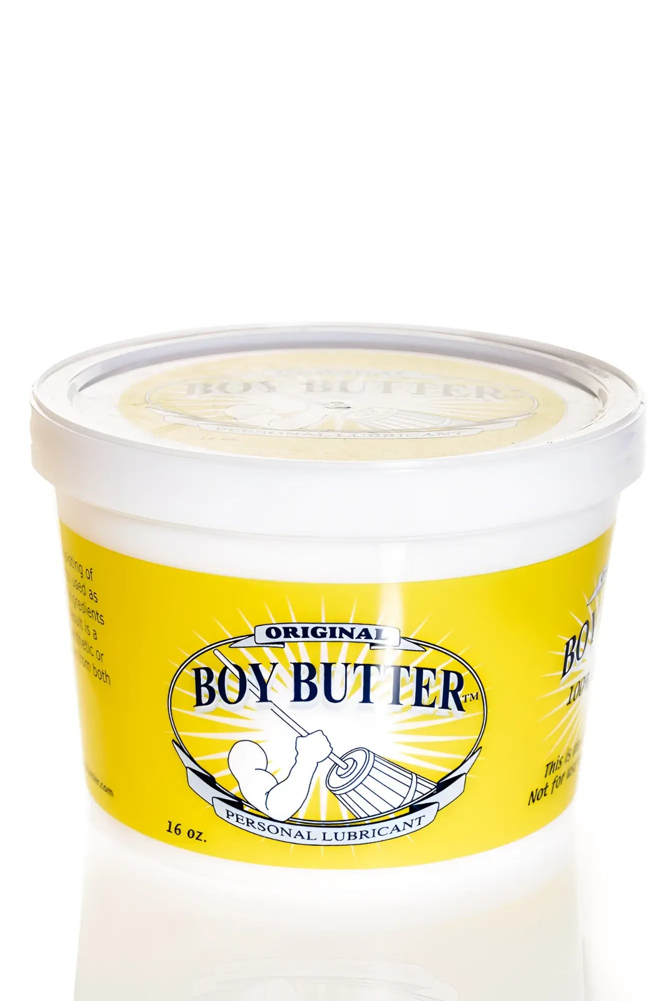 Yellow cylindrical container of Boy Butter original 16oz personal lubricant tub for smooth intimate use