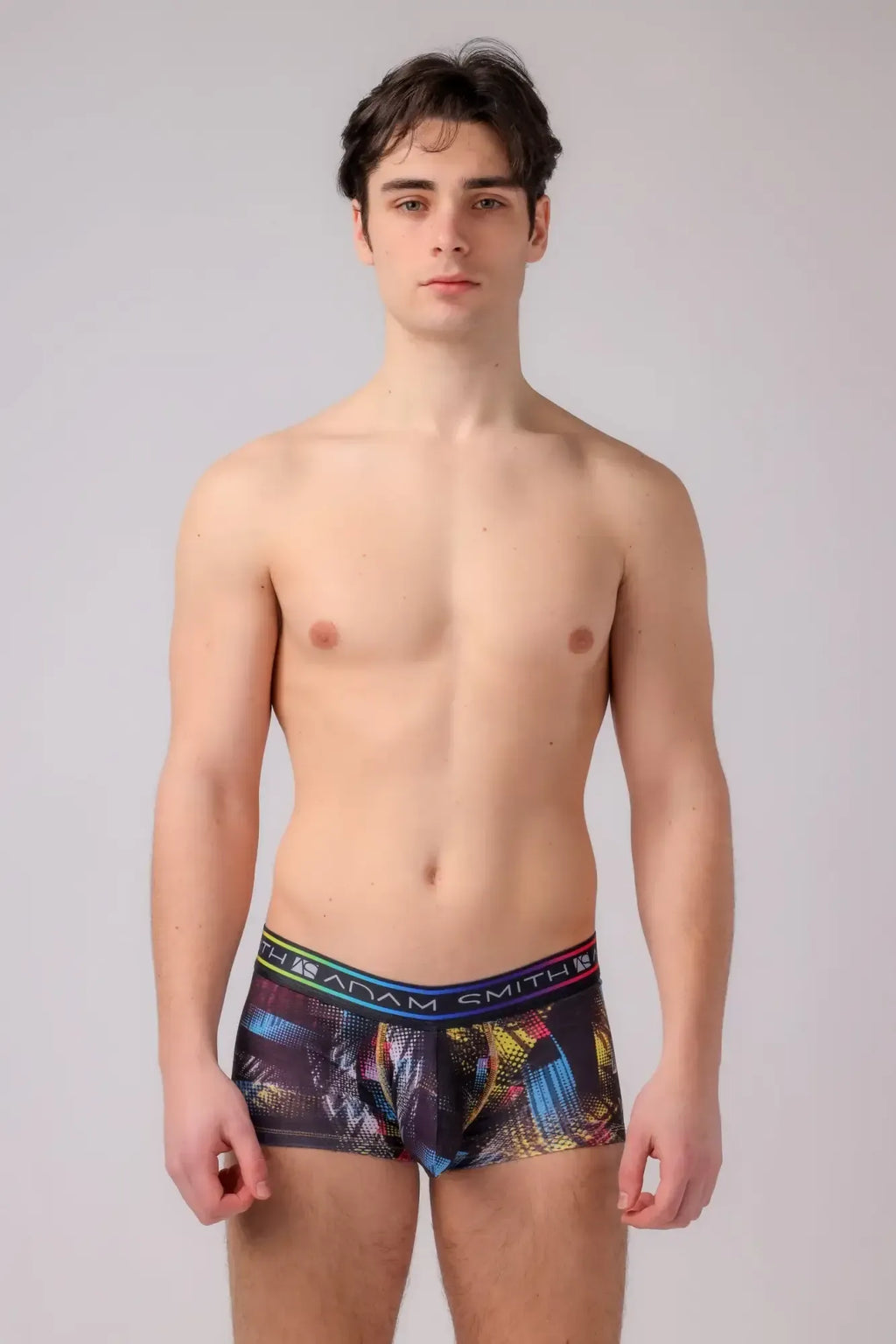 Adam smith brand menâs boyshort boxer briefs with vibrant abstract multicolored geometric pattern and rainbow waistband