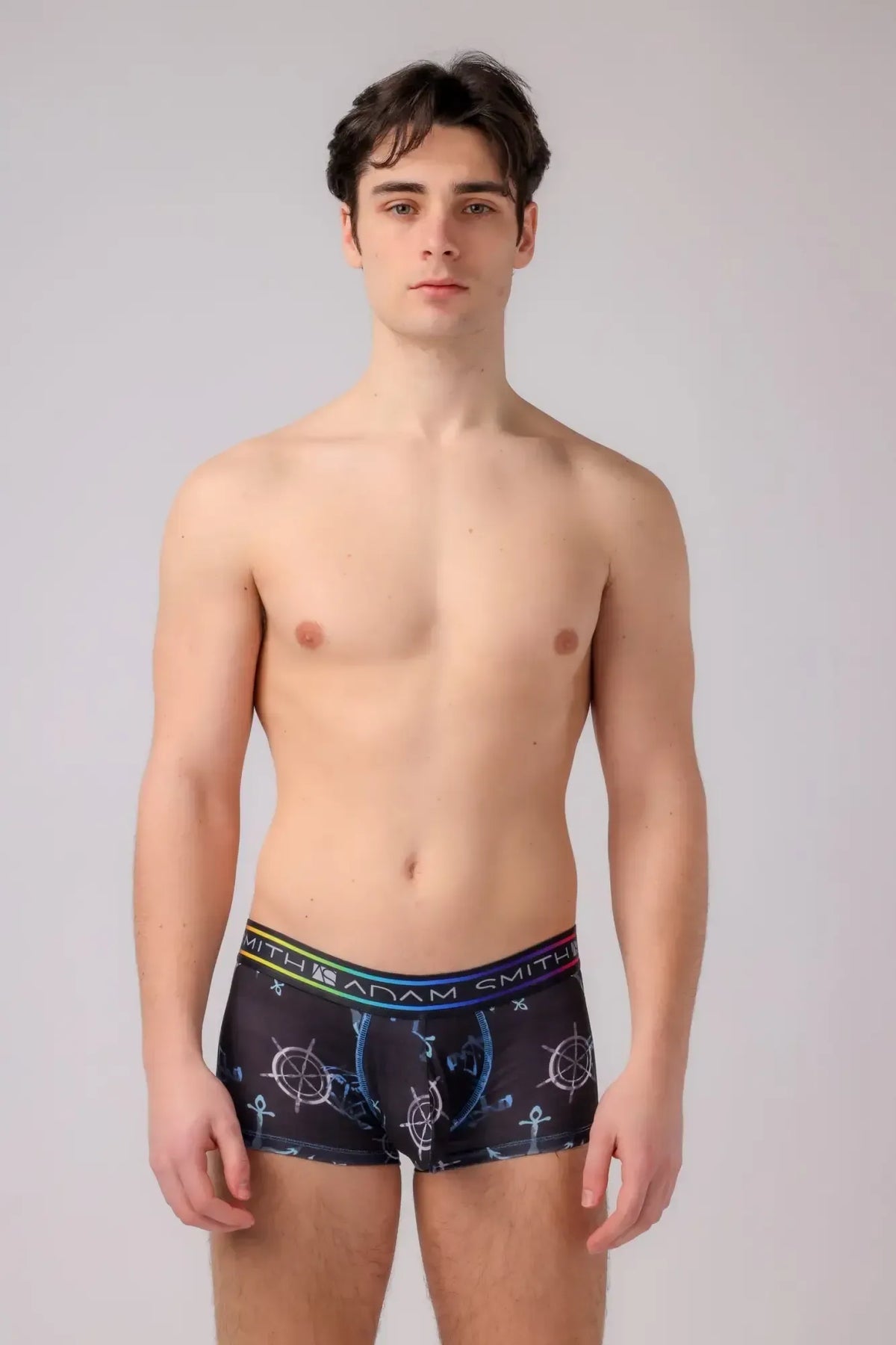 Black menâs boyshort boxer briefs with nautical blue ship wheels anchors pattern and colorful with adam smith waistband