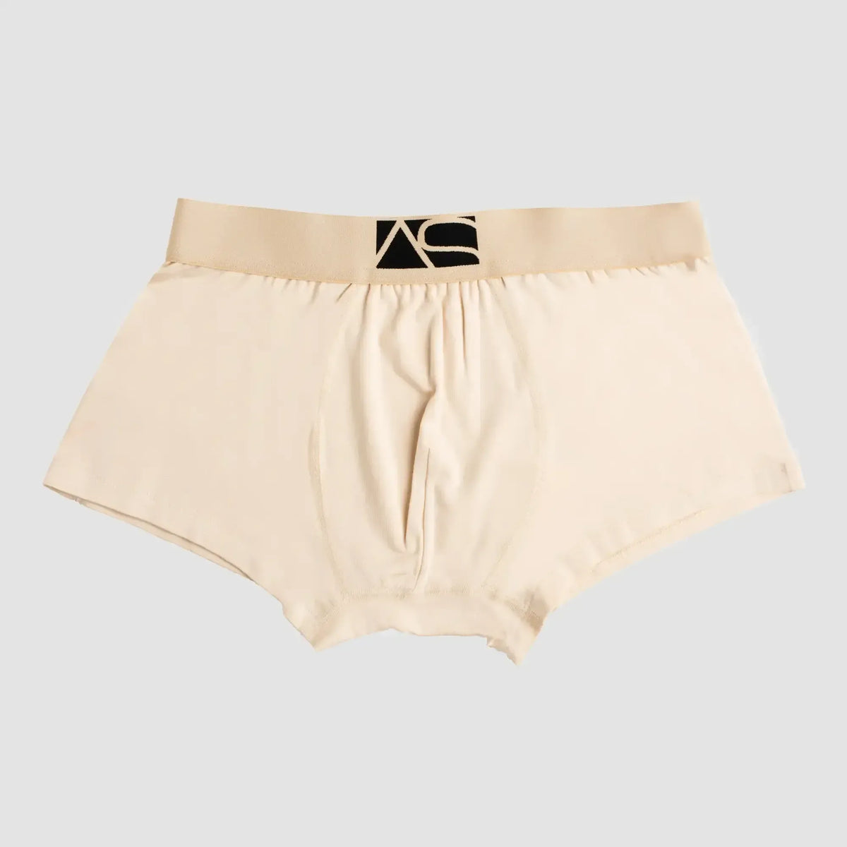 Beige menâs boyshorts briefs with a black logo waistband designed for comfortable everyday wear