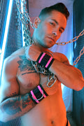 Breedcore ruff cuffs black and pink striped wrist cuffs with metal rings for adjustable restraint and style