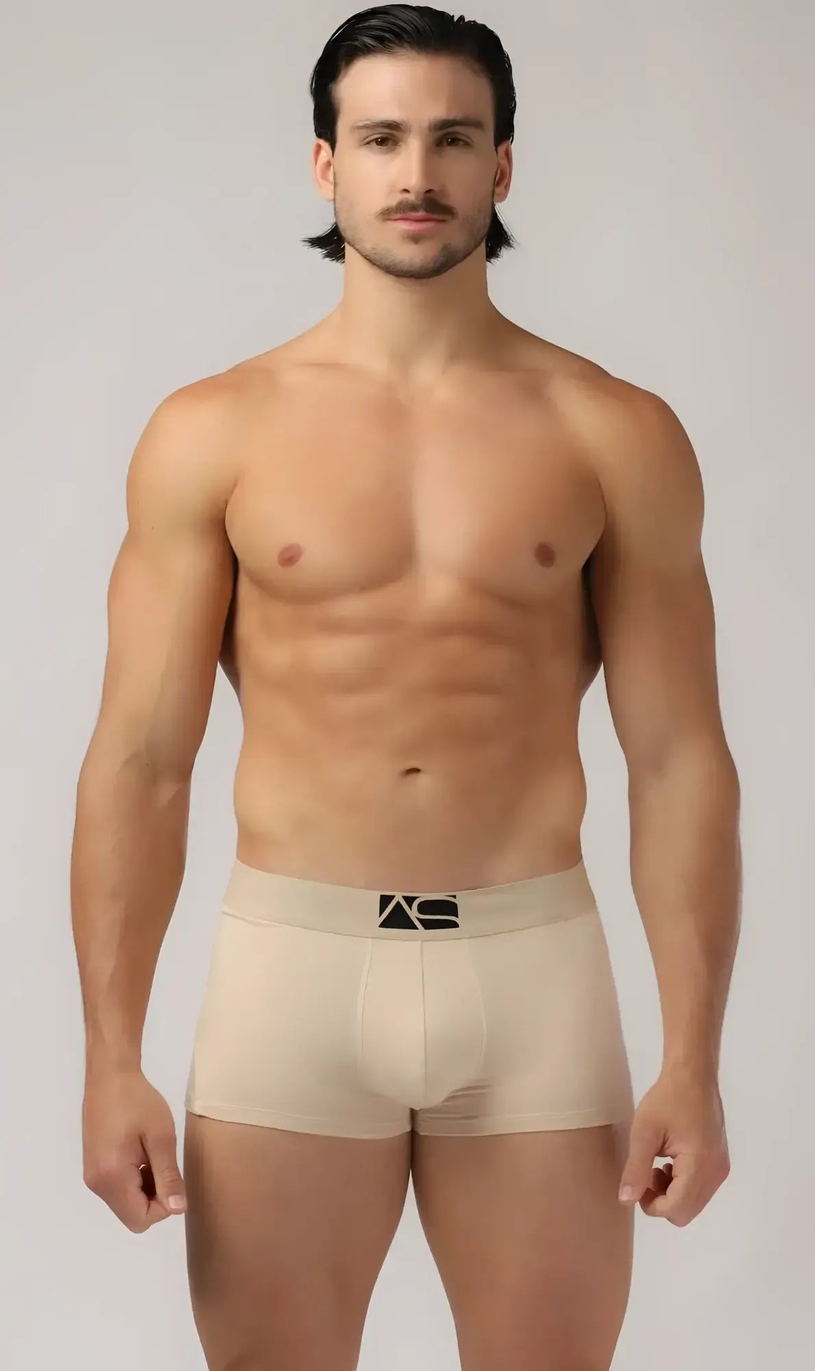 Beige menâs brief trunks with a black logo on the waistband made of soft breathable fabric