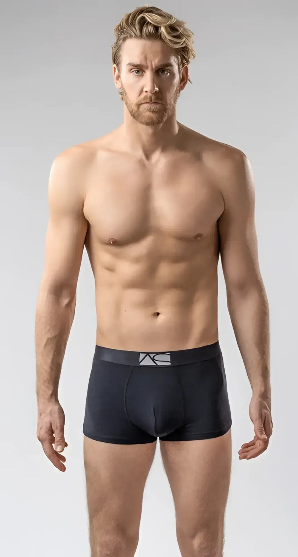 Black menâs brief trunks boxer briefs with gray logo waistband in breathable cotton fabric for daily comfort