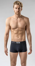 Black menâs brief trunks boxer briefs with gray logo waistband in breathable cotton fabric for daily comfort