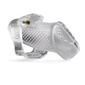 Brutus airmesh chastity cage clear is a clear plastic cage with textured surface and gold-colored metal lock