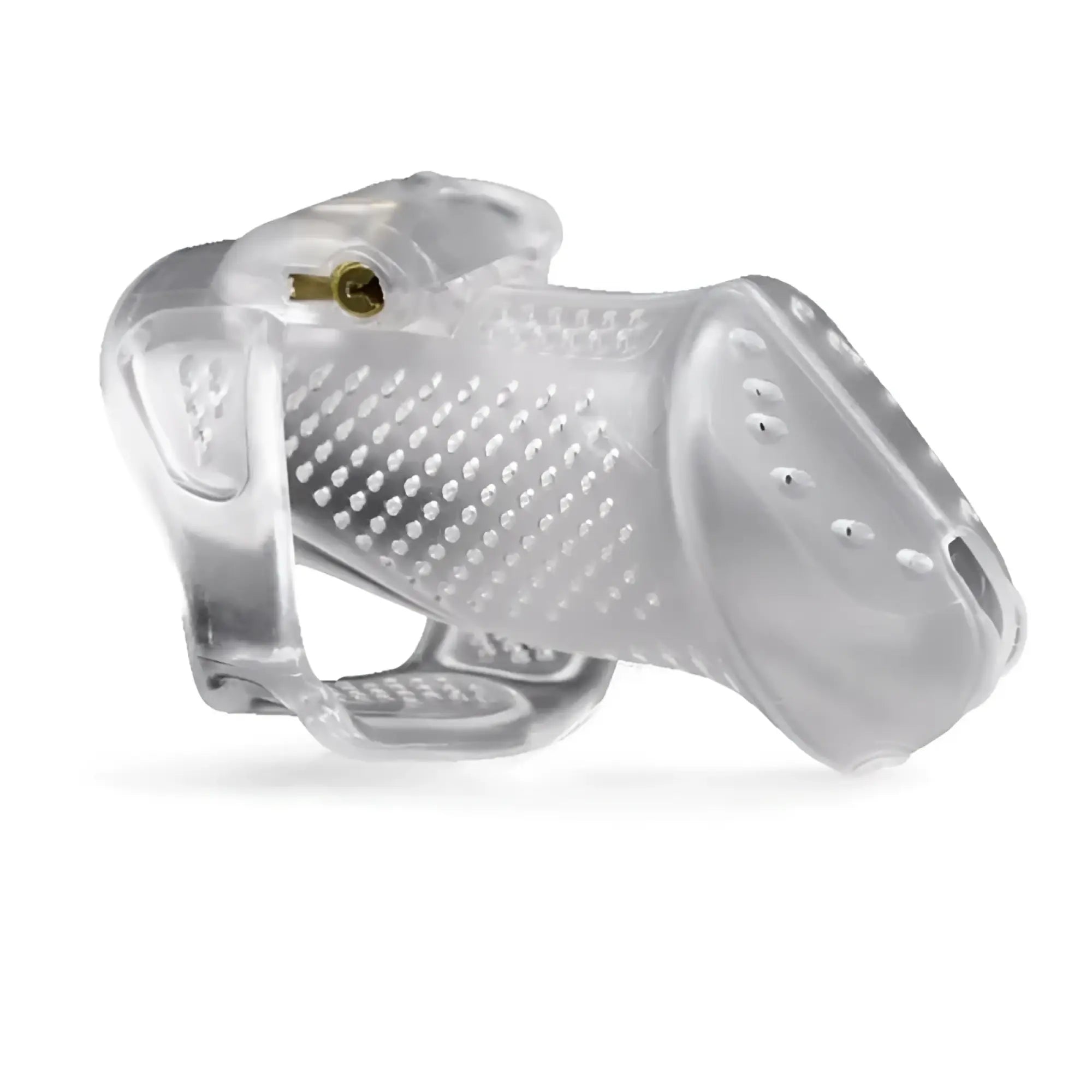 Brutus airmesh chastity cage clear is a clear plastic cage with textured surface and gold-colored metal lock