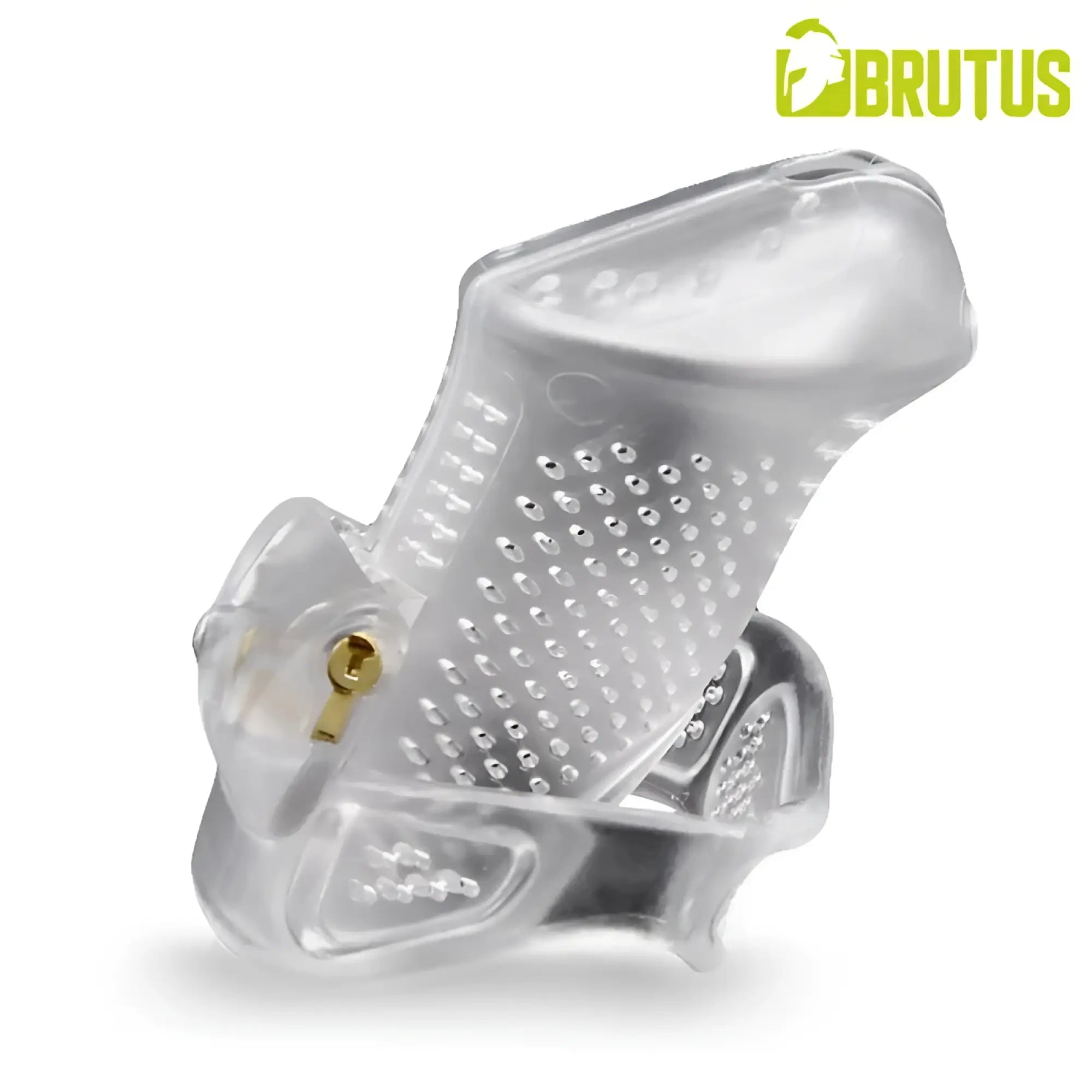 Clear plastic brutus airmesh chastity cage with perforated design and gold-colored lock for secure wear