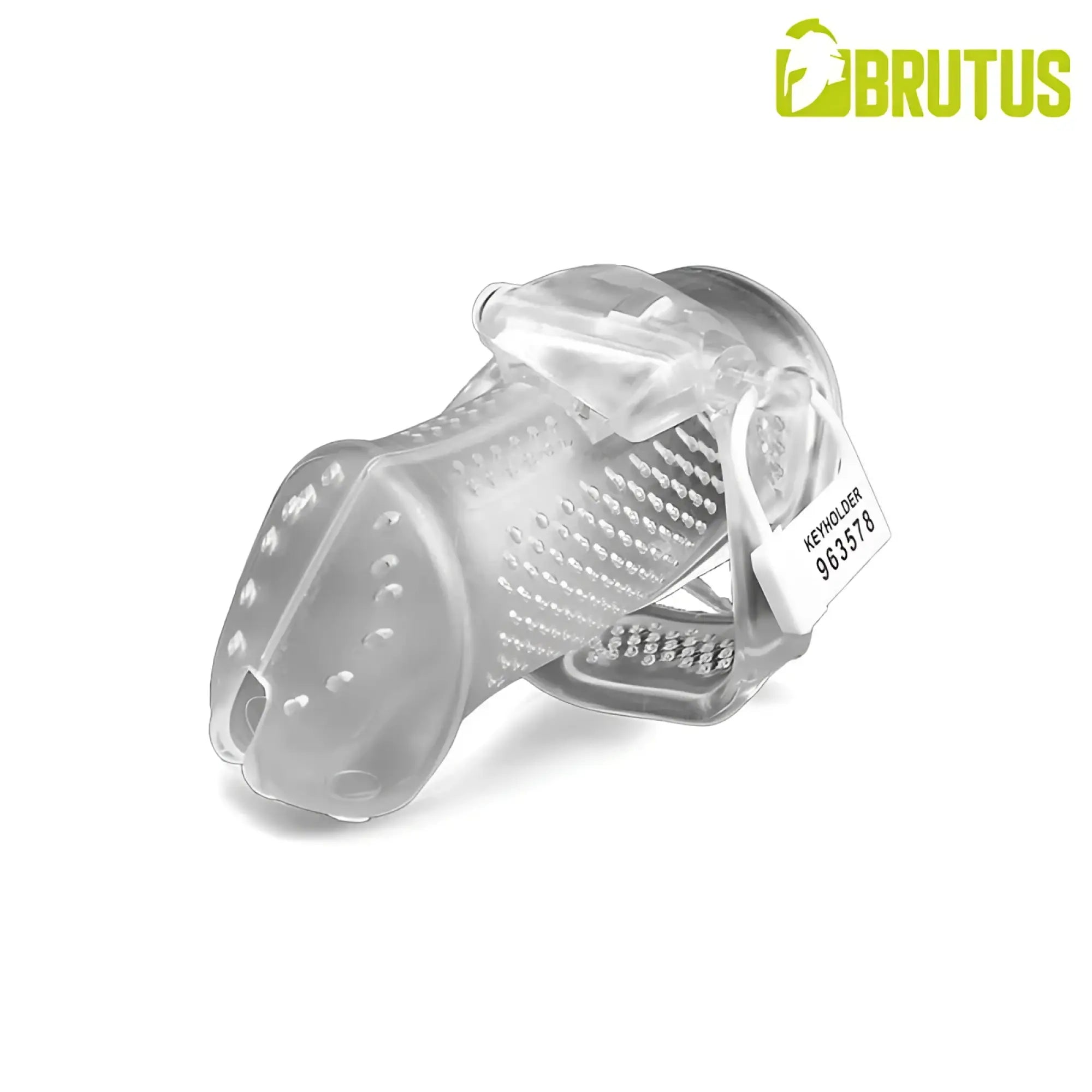 Transparent plastic chastity device brutus airmesh chastity cage clear with textured grip surfaces and locking mechanism