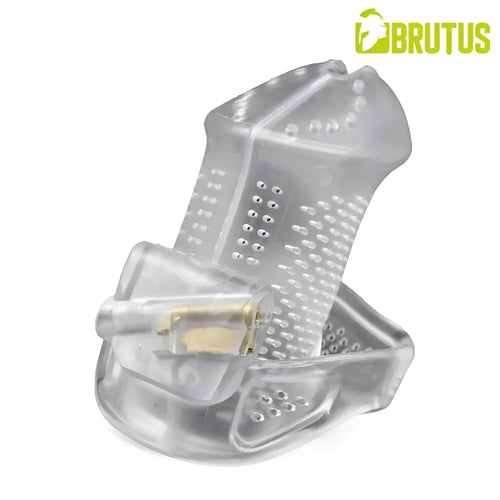 Transparent plastic chastity cage with gold metal lock mechanism from brutus airmesh chastity cage clear product line