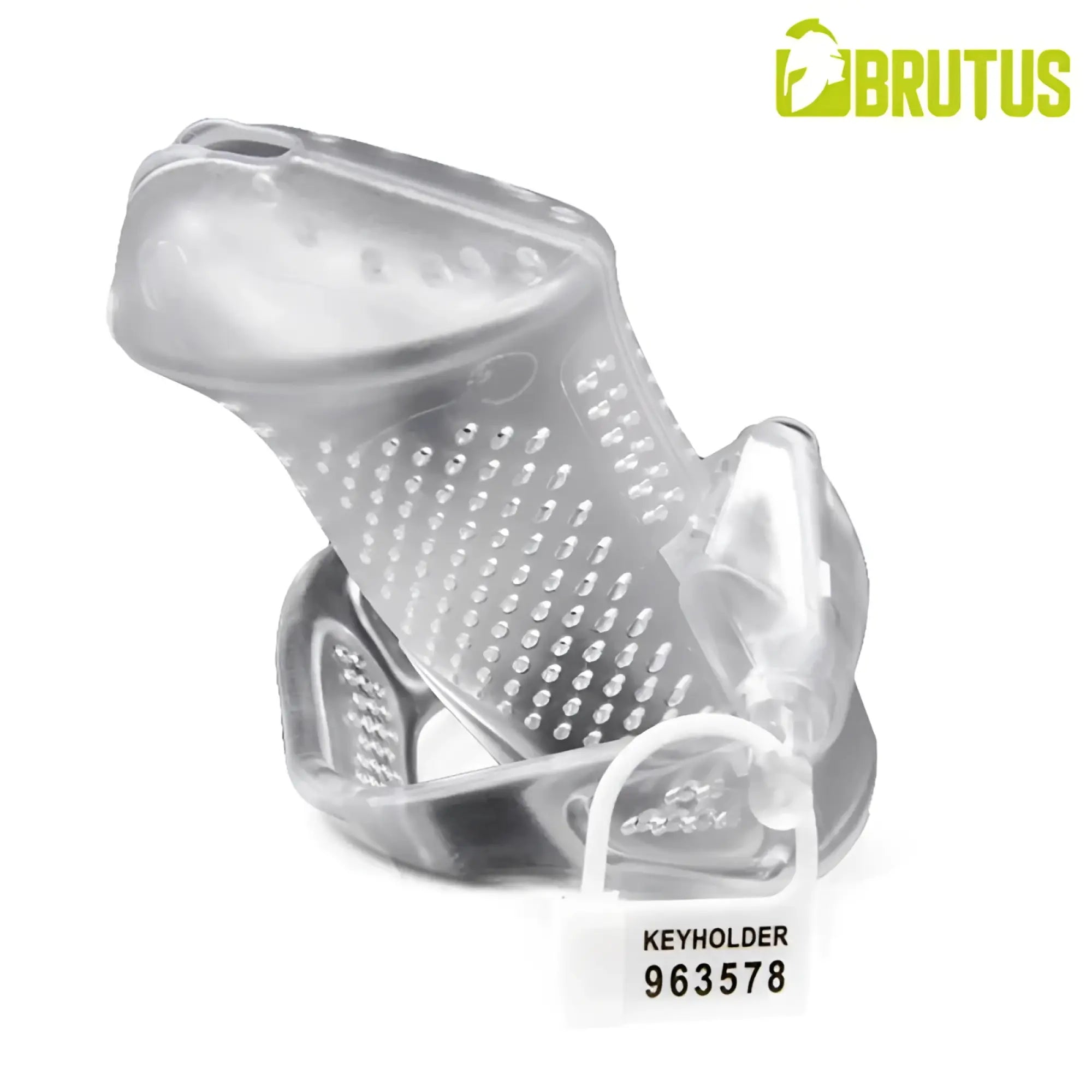 Transparent silicone chastity cage with keyholder attached shown from the back in clear brutus airmesh design