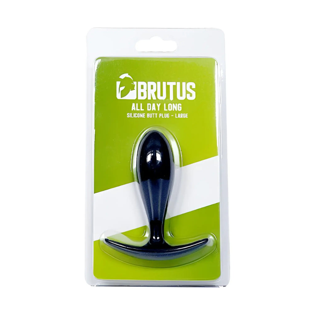 Black silicone butt plug with curved handle in green and white brutus brand blister pack labeled all day long L