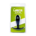 Black silicone butt plug with curved handle in green and white brutus brand blister pack labeled all day long L