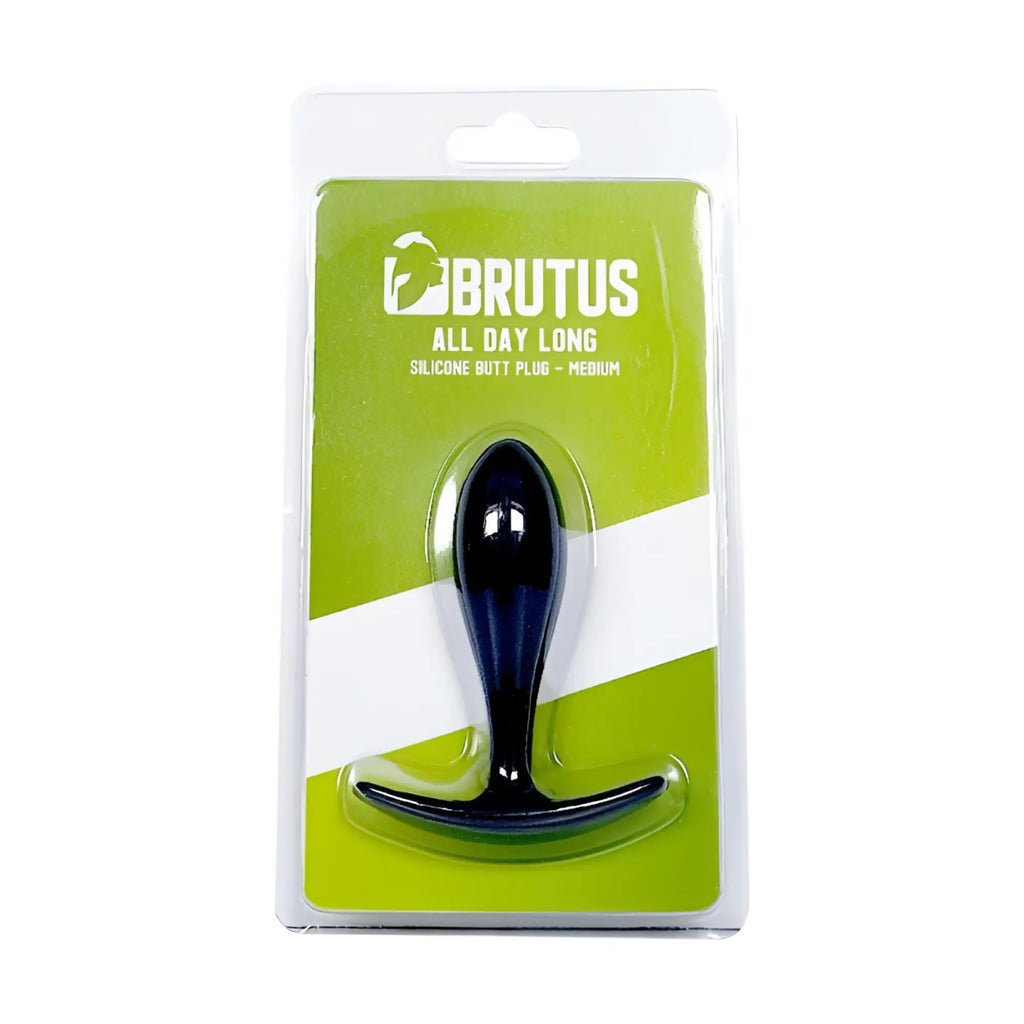 Black silicone butt plug with curved base packaged in green and white brutus blister pack titled brutus all day long butt plug m