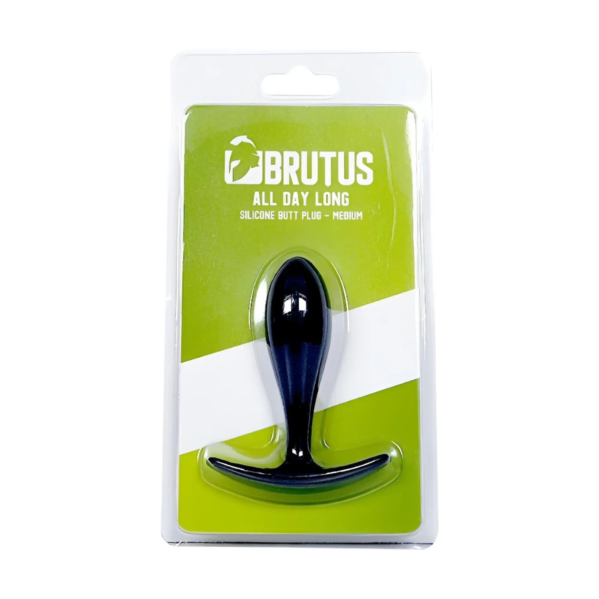Black silicone butt plug with curved base packaged in green and white brutus blister pack titled brutus all day long butt plug m