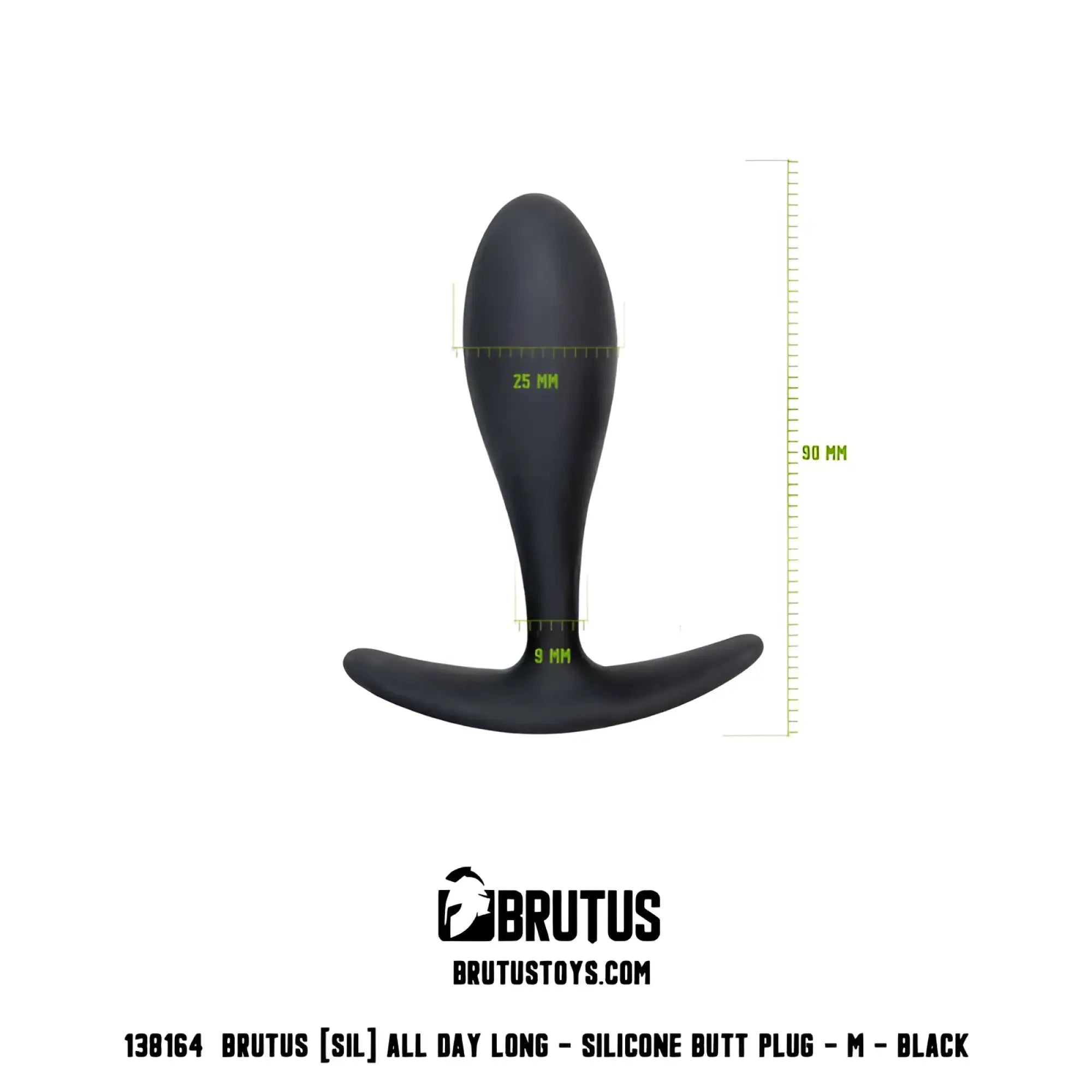 Black silicone Brutus All Day Long butt plug with smooth tapered design and curved base shown from the back side