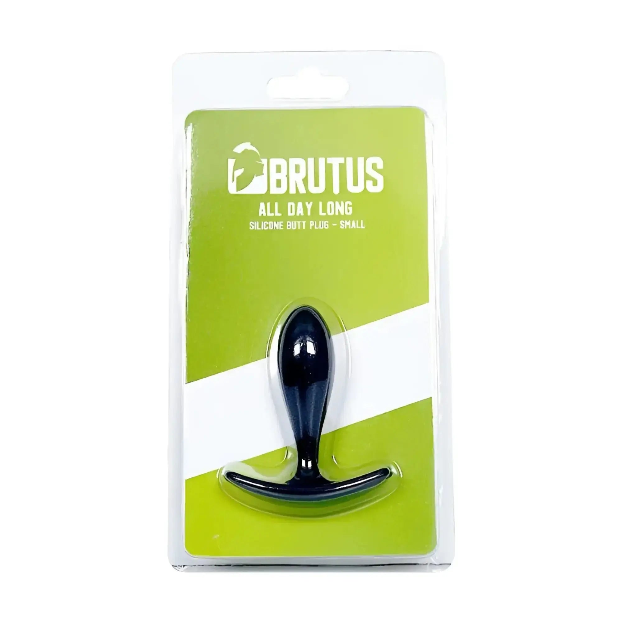 Black silicone butt plug with t-shaped handle in green and white brutus all day long butt plug s blister pack