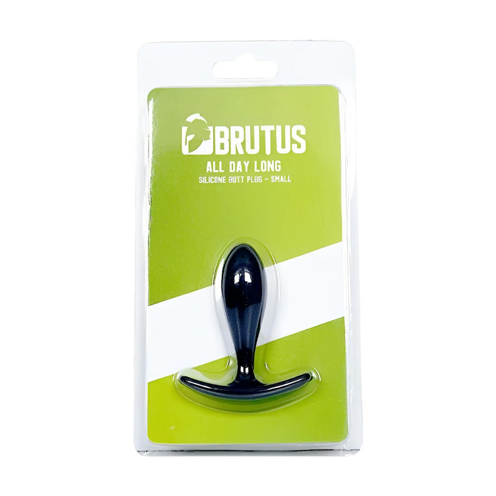 Black silicone butt plug with t-shaped handle in green and white brutus all day long butt plug s blister pack