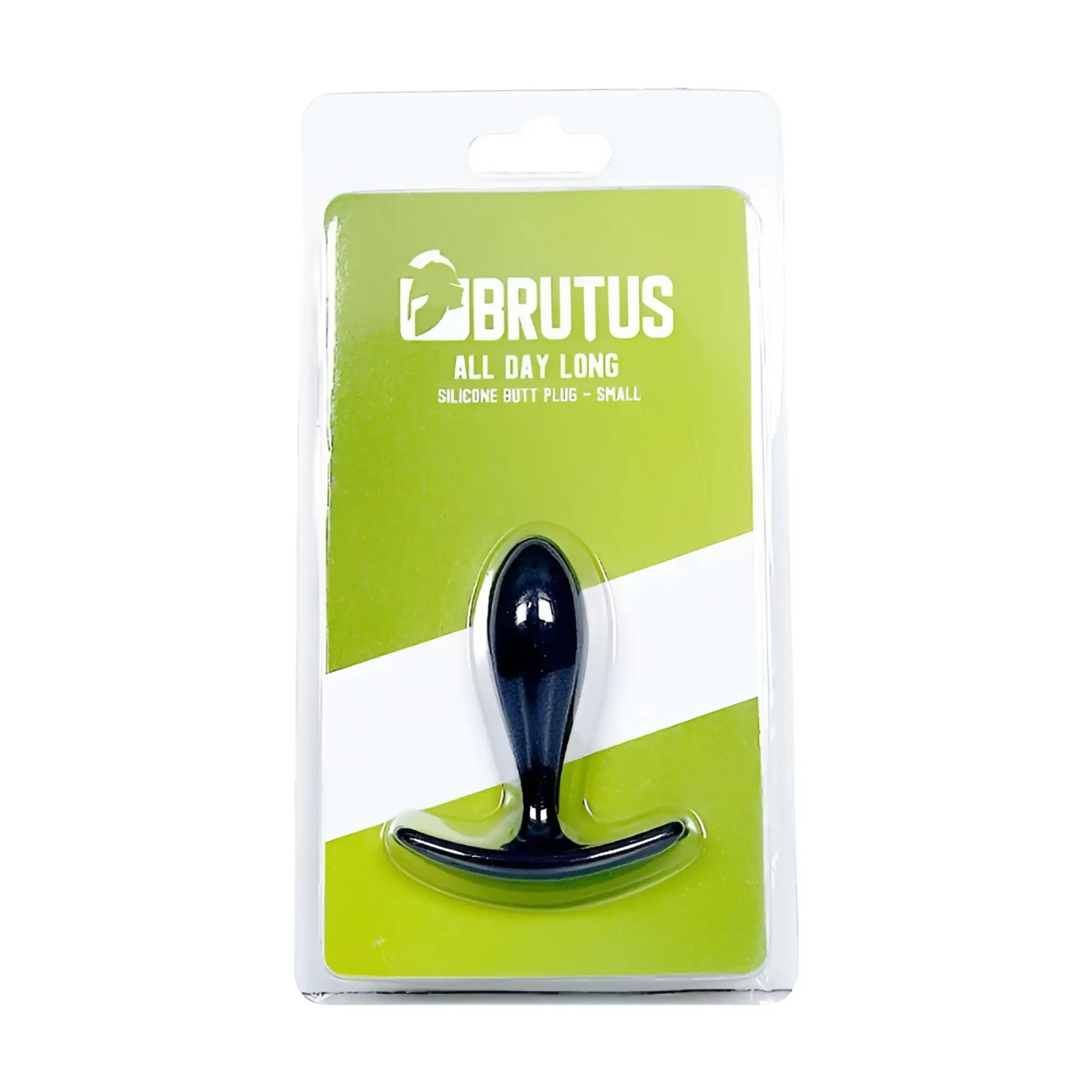 Black silicone butt plug with t-shaped handle in green and white brutus all day long butt plug s blister pack