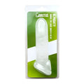 Transparent ribbed latex cock sheath with flared base and tapered tip brutus almighty ribbed cocksheath 18cm